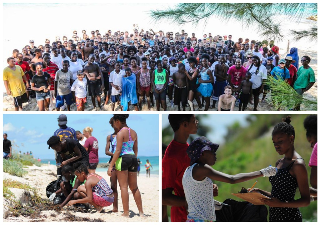 Collage shows photos of the group of students involved in the day's clean-up and a snap shot of their activities. 