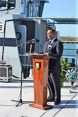 Prime Minister the Rt. Hon. Perry Christie addresses the Commissioning of the HMBS Kamalamee, February 24, 2017 at the RBDF Coral Harbour Base.  (BIS Photo/Peter Ramsay)
