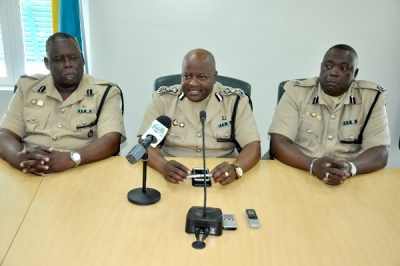 Deputy Commissioner of Police Emrick Seymour, in charge of the Royal Bahamas Police Force's Northern Division, on Tuesday, May 9, assured residents of Grand Bahama that an adequate police presence will be seen and felt in and around all seven polling stations of Grand Bahama and Abaco as the country goes into its General Election on May 10.  Shown from left are: ACP Clarence Reckley, Deputy Commissioner Seymour; and ACP Paul Rolle. (BIS Photo/Vandyke Hepburn) 