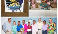 One Eleuthera Foundation accepts check from Sailfish Club. Pictured from left to right: Shaun Ingraham, CEO, One Eleuthera Foundation, Margaret Dyer, Chairperson of Stuart Saltwater Lady Angler Tournament, Monique Smith, Manager, Cape Eleuthera Resort and Marina, Maisie Thompson, Community Outreach Coordinator, and Shapreka Clarke, Community Outreach Assistant, One Eleuthera Foundation, Queenie Dawkins-Sands, Tom Dyer, Chairman of Board, Stuart Sailfish Club Foundation, Chinnici McDonald, Administer of Cancer Society of Eleuthera, Pamela McCarthy Executive Director, Stuart Sailfish Club. The top photos, show a plaque presented to One Eleuthera by the club, and some of the items on display for the auction.