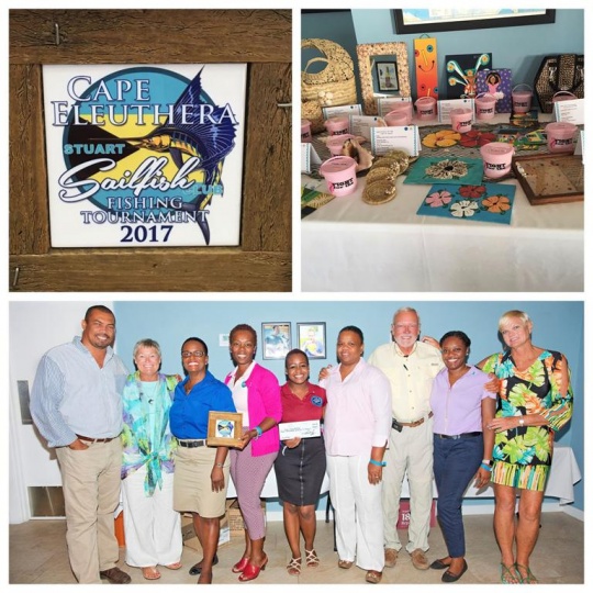 One Eleuthera Foundation accepts check from Sailfish Club. Pictured from left to right: Shaun Ingraham, CEO, One Eleuthera Foundation, Margaret Dyer, Chairperson of Stuart Saltwater Lady Angler Tournament, Monique Smith, Manager, Cape Eleuthera Resort and Marina, Maisie Thompson, Community Outreach Coordinator, and Shapreka Clarke, Community Outreach Assistant, One Eleuthera Foundation, Queenie Dawkins-Sands, Tom Dyer, Chairman of Board, Stuart Sailfish Club Foundation, Chinnici McDonald, Administer of Cancer Society of Eleuthera, Pamela McCarthy Executive Director, Stuart Sailfish Club. The top photos, show a plaque presented to One Eleuthera by the club, and some of the items on display for the auction.