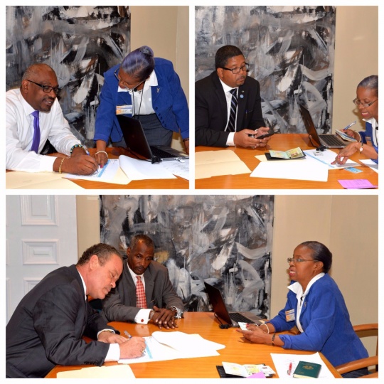 Prime Minister Minnis and Deputy Prime Minister Turnquest lead the verification process of members of the Cabinet, assisted by Mrs. Donna Delancy, Deputy Treasurer and Coordinator of the Verification of Government Monthly and Weekly Employees, Senators and Members of Parliament process. Also pictured at Ministers Bannister and Foulkes