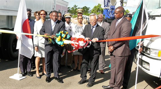 Official Hand Over Ceremony of disaster relief equipment from Japan to the Commonwealth of The Bahamas, October 1, 2018 at NEMA. Among officials at the Ribbon Cutting Ceremony, pictured, are Cora Colebrooke, Permanent Secretary, Ministry of Transport and Local Government; the Hon. Renward Wells, Minister of Transport and Local Government; Mr. Shinichi Yamanaka, Charge d’ Affaires, ad interim, Embassy of Japan to the Commonwealth of The Bahamas; and Captain Stephen Russell, Director of NEMA. (BIS Photos)