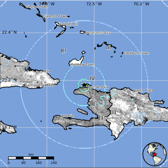 USGS image: II & III- Weak shaking ; IV -Light shaking; V - Moderate shaking