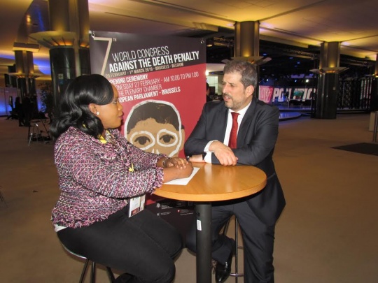 Bahamas Press Club Member, broadcast journalist Deandrè Williamson attended the 7th World Conference Against Death Penalty, in Brussels from February 26 to March 1st, 2019. She is pictured at the European Parliament interviewing ECPM Executive Director, Raphael Chenuil-Hazan.