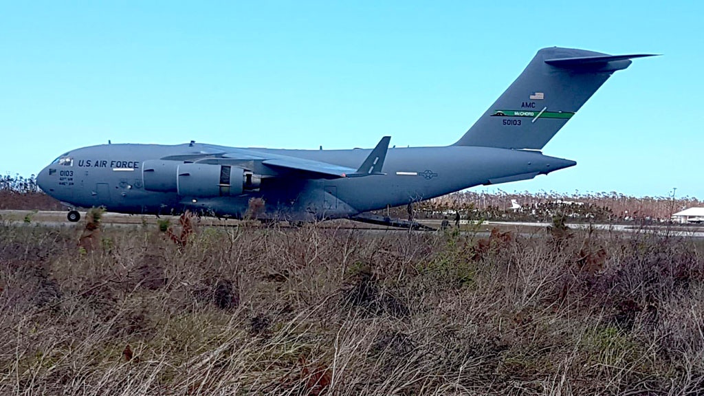 U.S. Air Force C-17 lands at Marsh Harbour, Abaco