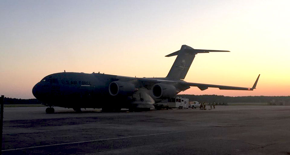 U.S. Air Force C-17 lands at Marsh Harbour, Abaco
