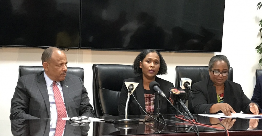 Chief Medical Officer (CMO) in the Ministry of Health, Dr. Pearl McMillan (centre) said that up to time of the Ministry of Health press conference, January 30, 2020, there had been no suspected, reported or confirmed cases of the 2019 Novel Coronavirus in The Bahamas. Also pictured are Minister of Health, the Hon. Dr. Duane Sands and PAHO Representative to The Bahamas, Dr. Esther de Gourville. (BIS Photo/Llonella Gilbert)