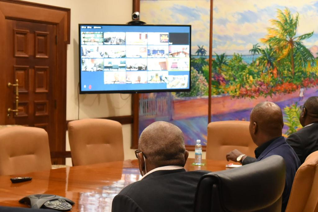 PM Hubert Minnis, Minister of Foreign Affairs Darren Henfield, Confer with CARICOM by Video-Conference.