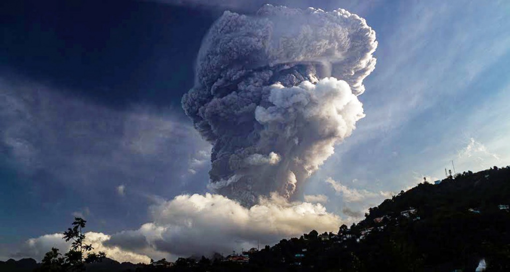 Plumes of ash billow from the La Soufrière volcano on the island of St. Vincent and the Grenadines which started erupting on 9th April. The volcano had been dormant since 1979, it started spewing smoke and actively rumbling in December 2020. La Soufrière erupted last Friday 9th April 2021, blanketing Saint Vincent in a layer of ash and forcing some 16,000 residents to evacuate their homes to cruise ships and safer parts of the island.