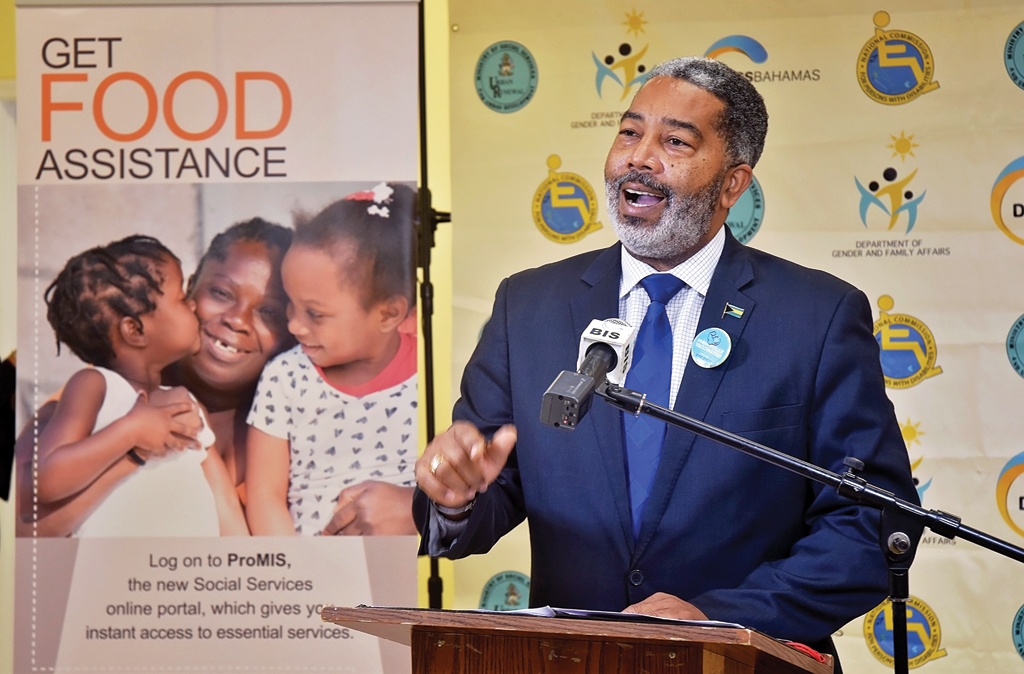 Minister of Social Services and Urban Development, the Hon. Frankie A. Campbell addressing Press Conference announcing the impending launch of the Social Assistance Portal, ProMIS. (BIS Photo/Patrick Hanna)