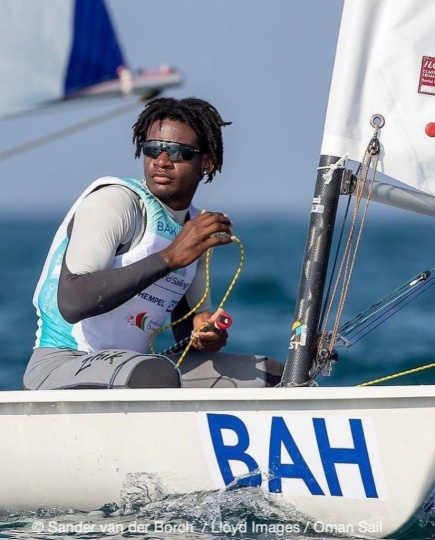 Joshua Higgins, in action, competing at the ISAF Junior Worlds in Oman in December 2021.