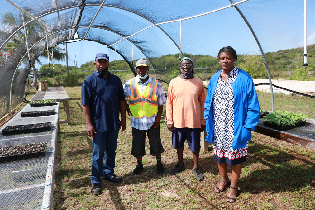 BAMSI Agricultural Officer, Mrs. Marilyn Lafleur (far right), stands with her colleagues under the greenhouse on-site, where seedlings are nurtured.