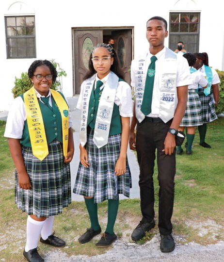 Above (L-R): Vonzell Fox (Valedictorian), Jahzara Taylor (co-Salutatorian), and Wallace Sineus Jr. (co-Salutatorian).