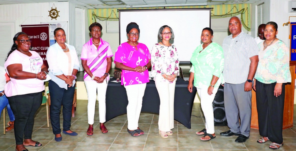 New Eleuthera Cancer Society Board installed. (L-R): immediate past vice president, Ms. Suzette Kemp (Social Media and Outreach Coordinator); director building/grounds, Ms. Sherry Fax;; director fundraising, Mrs. Juanita Pinder; vice president, Ms. Jacqueline Gibson; president, Ms. Susan Culmer;; treasurer, Ms. Cindy Pinder; assistant treasurer, Mr. Kevin Pinder; and secretary, Mrs. Audrey Carey.
