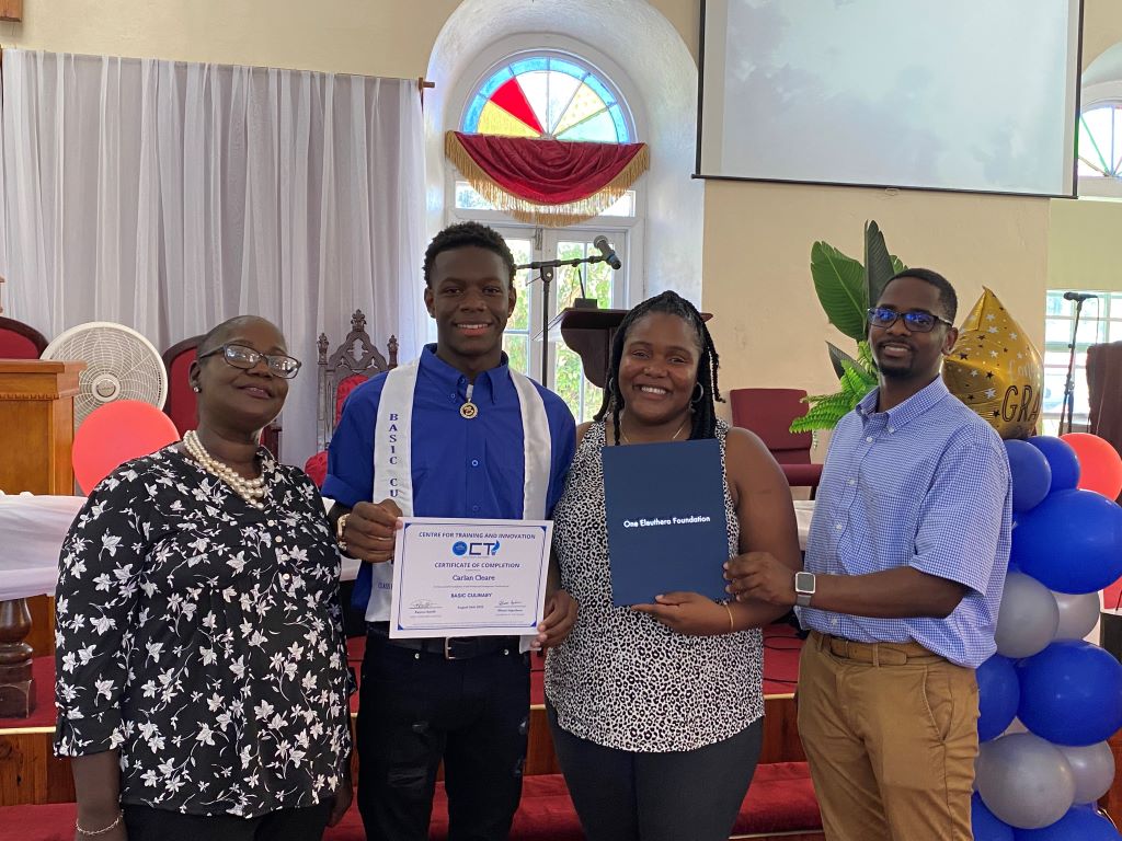 Above (L-R): Mrs. Chardel Brown-Gibson, Guest Speaker; Carlan Cleare, CTI Graduate (Basic Culinary Course); Katusia Johnson, Culinary Instructor; Keyron Smith, OEF & CTI Chief Operating Officer.