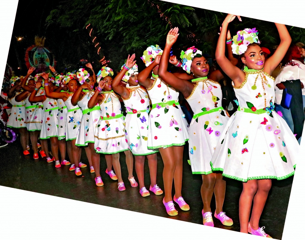 Hatchet Bay's winning group of choreographed dancers in colourful array.