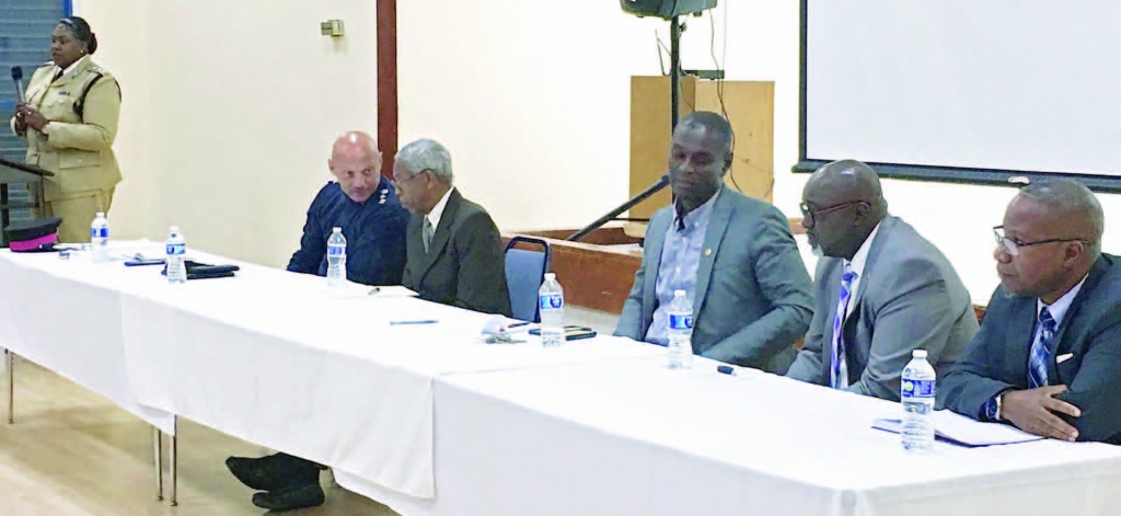 RBPF Traffic Division Commander, Ch./Supt. David Lockhart (second from left) sits with a panel of representatives from Road Traffic, Local Government, and the Ministry of Transport as Eleuthera OIC, Ch./Supt. Shanta Knowles, addresses questions from the audience.