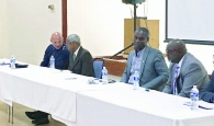 RBPF Traffic Division Commander, Ch./Supt. David Lockhart (second from left) sits with a panel of representatives from Road Traffic, Local Government, and the Ministry of Transport as Eleuthera OIC, Ch./Supt. Shanta Knowles, addresses questions from the audience.