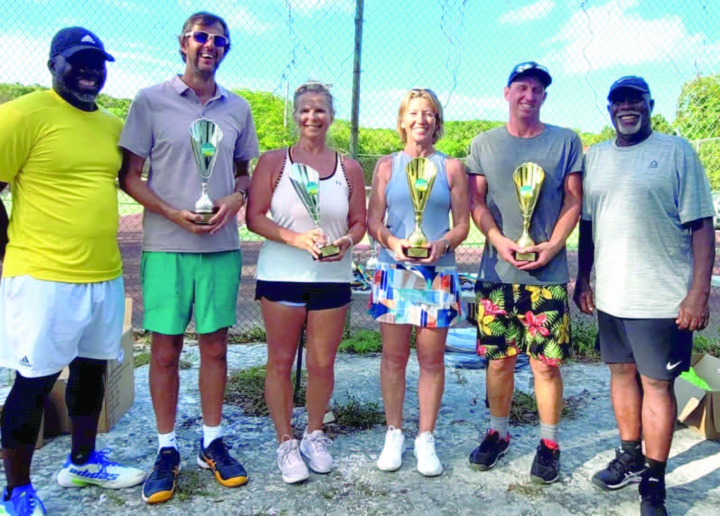 BLTA president Perry Newton (left), and Coach Artie Johnson (right) stand with Singles Winners - (L-R) Matthew Pryor, Tracie Penfound, Kerrie Pryor, and Jethro Armstrong.