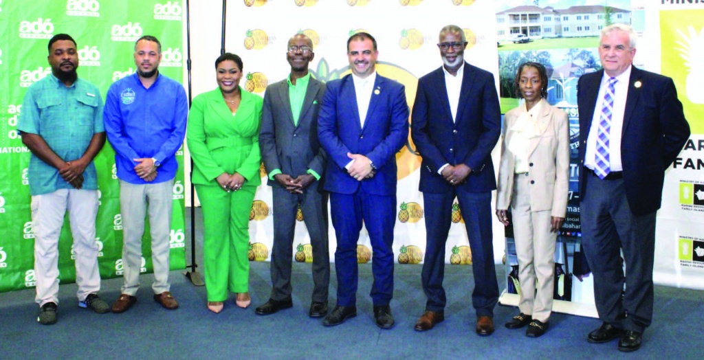 Pictured from left: Deon Gibson, Department of Agriculture; Chairman of BAMSI, Senator the Hon. Tyrel Young; Public Relations Manager and Chairperson of the Agrarian Awards, Kendea Smith; Executive Chairperson, ADO Bahamas, Philip Smith; Minister of Agriculture, Marine Resources & Family Island Affairs, Hon. Clay Sweeting; CEO of ALIV, John Gomez; Undersecretary, Ministry of Agriculture, Bridgitte Hepburn and Permanent Secretary, David Cates. (BIS Photo/Patrice Johnson).