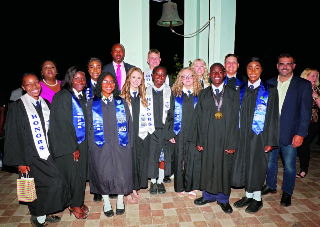 Class of 2023 from the Samuel Guy Pinder All Age School, as they celebrated their commencement exercises on Friday evening, June 16th, at the Spanish Wells Methodist Church. Class Valedictorian was Zephon McAndrew (4th from right), and Salu- tatorian was Cirstie Underwood (7th from left)