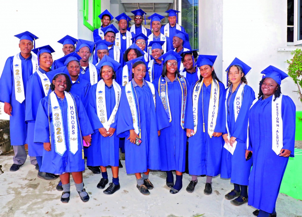Class of 2023 from the Preston H. Albury High School, as they celebrated their commencement exercises on Tuesday morning, June 20th, at the Methodist Church in Tarpum Bay. Class Valedictorian was Lynette Farrington (center front), and Salutatorian was Shavana Basden (front 3rd from right)