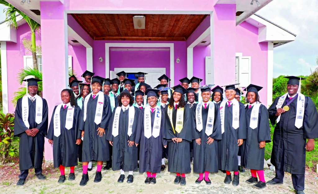 Class of 2023 from the North Eleuthera High School, as they celebrated their commencement exercises on Thursday evening, June 22nd, at Trinity City of Praise in Lower Bogue. Class Valedictorian was Layla Isaacs (center front), and co-Salutatorians were Jamalieah Russell and Ronika Petit-Homme (right and left of center, respectively)