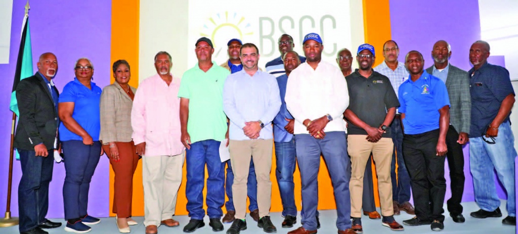 Minister Clay Sweeting, MP CSE Eleuthera and Minister of Works and Family Island Affairs (center front in blue shirt), stands with BSGC executives, local subcontractors from Nu View and Quick Fix Construction, North and South Eleuthera Island Administrators, along with Ministry of Works officials.