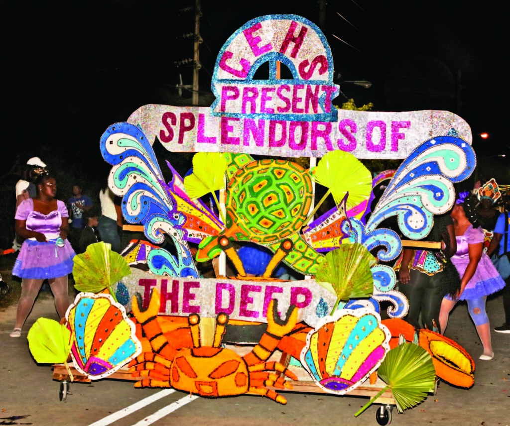 Central Eleuthera High School (2023 Jr. Junkanoo Overall Winners) brought vibrant energy and rhythm, to their depiction of life beneath the deep blue sea.