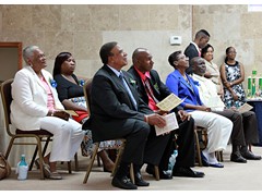 Panel (Back) - Evangelist Shirley Burrows, PTA President Mrs. Marion Thompson, (Front) Hon. Oswald Ingraham - Deputy Gov. Gen., Jason Thompson - Principal, Helen Simmons-Johnson - Dist. Supt., Mr. Kirkwood Cleare - Education - 490A7427