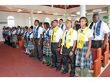 Graduates standing proudly after their entrance into the church. The three Honour Roll students are seen in the front row.(R-L) Safyha Bryan (Valedictorian & Head Girl), Joevante Fox (Salutatorian & Deputy Head Boy) and Cortez Cooper(Head Boy) - 490A6915