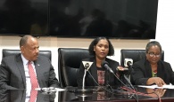 Chief Medical Officer (CMO) in the Ministry of Health, Dr. Pearl McMillan (centre) said that up to time of the Ministry of Health press conference, January 30, 2020, there had been no suspected, reported or confirmed cases of the 2019 Novel Coronavirus in The Bahamas.  Also pictured are Minister of Health, the Hon. Dr. Duane Sands and PAHO Representative to The Bahamas, Dr. Esther de Gourville.  (BIS Photo/Llonella Gilbert)