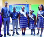 Principal Sharon Scott (left), stands with top prefects, including (L-R) Deputy Head Boy - Howard Cunningham, Head Boy - Ashton Butler, Head Girl - Lynette Farrington, Deputy Head Girl - Sarai Lafrance, and Head Prefect - Shavana Basden.