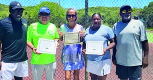 Above (L-R): BLTA president Perry Newton, Roy Rivera, Carol Young, Michelle Walker, and Coach 'Artie Johnson'.  Rivera and Walker receive 'Play Tennis' certifications, and Young receives her USTA coaching certificate.
